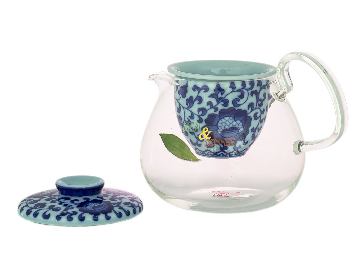 Набор посуды для чайной церемонии # 32502, ( стекло/фарфор ): чайник с ситом 395 мл., чайный пруд., 2 пиалы по 75 мл.