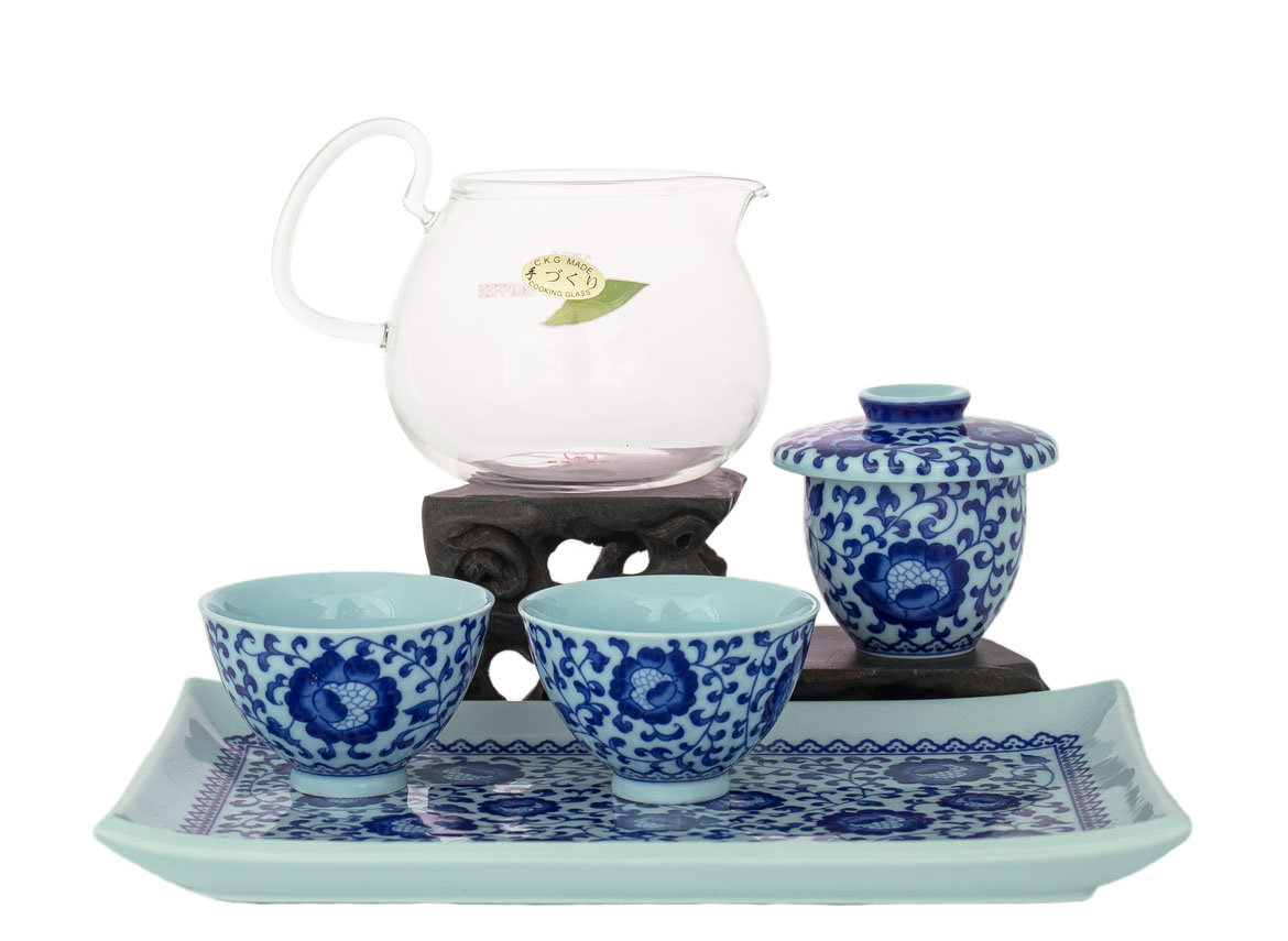 Набор посуды для чайной церемонии # 32502, ( стекло/фарфор ): чайник с ситом 395 мл., чайный пруд., 2 пиалы по 75 мл.