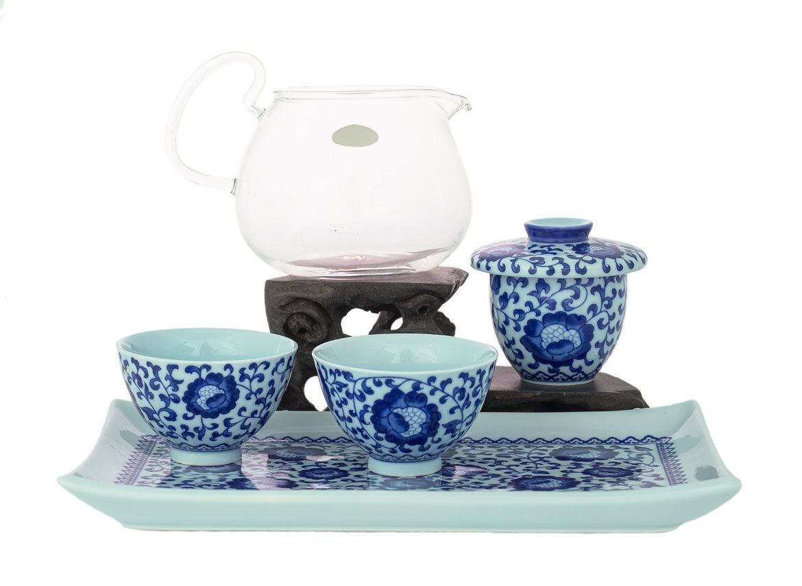 Набор посуды для чайной церемонии # 32503, ( стекло/фарфор ): чайник с ситом 395 мл., чайный пруд., 2 пиалы по 75 мл.