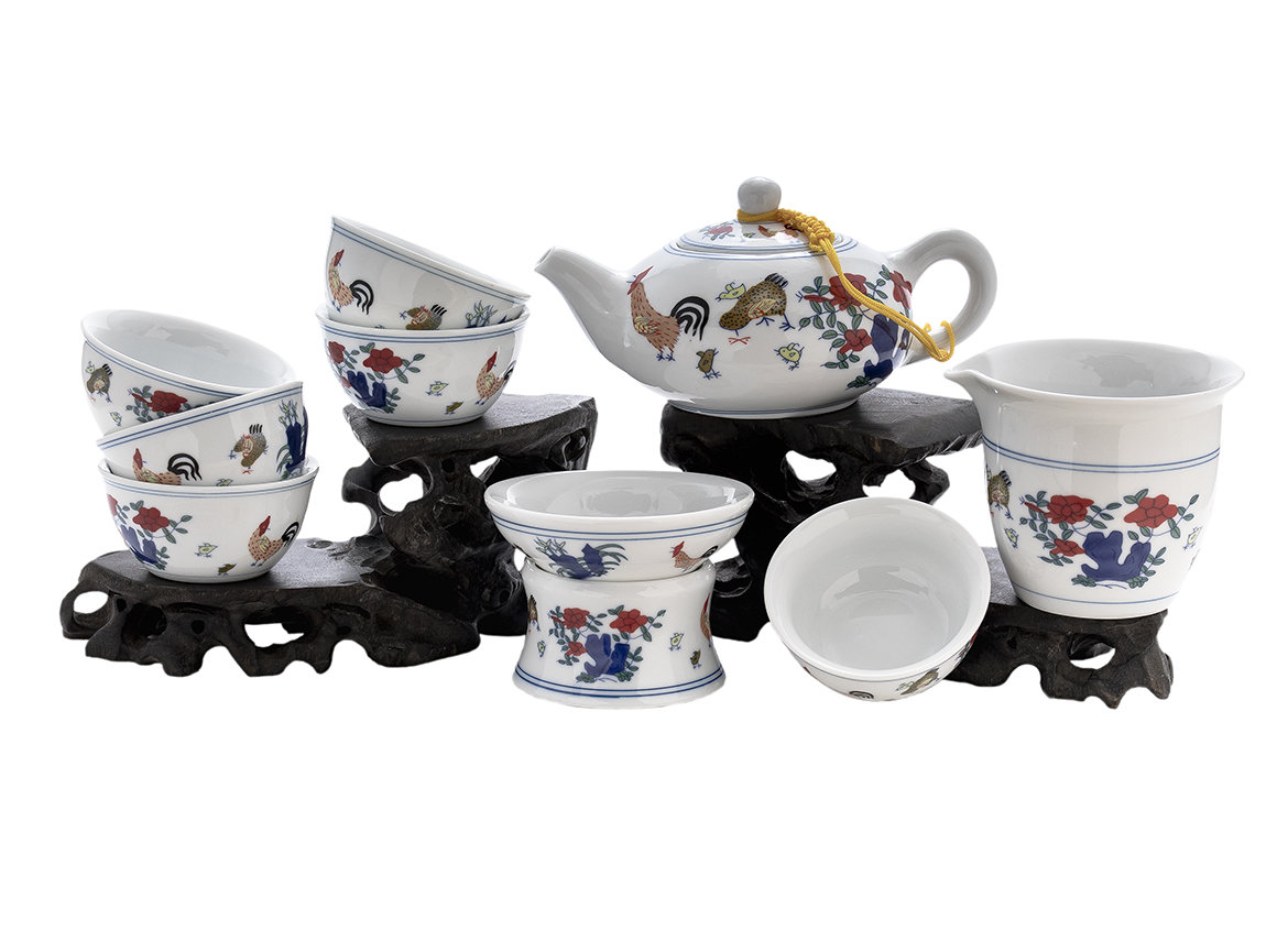 Набор посуды для чайной церемонии из 9 предметов # 41448, фарфор: чайник 160 мл, гундаобэй 170 мл, сито, 6 пиал по 40 мл.