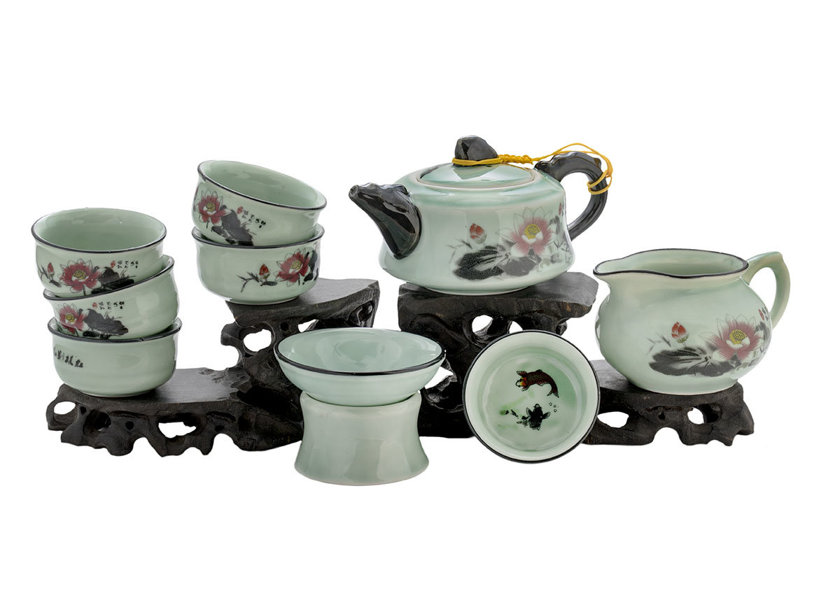Набор посуды для чайной церемонии из 9 предметов # 41453, фарфор: чайник 223 мл, гундаобэй 171 мл, сито, 6 пиал по 38 мл.