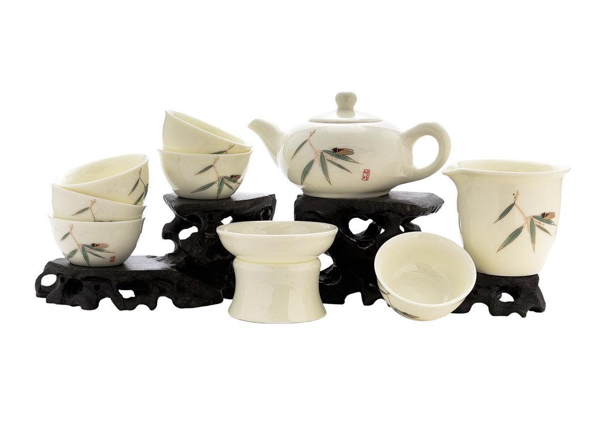 Набор посуды для чайной церемонии из 9 предметов # 41464, фарфор: чайник 198 мл, гундаобэй 157 мл, сито, 6 пиал по 55 мл.