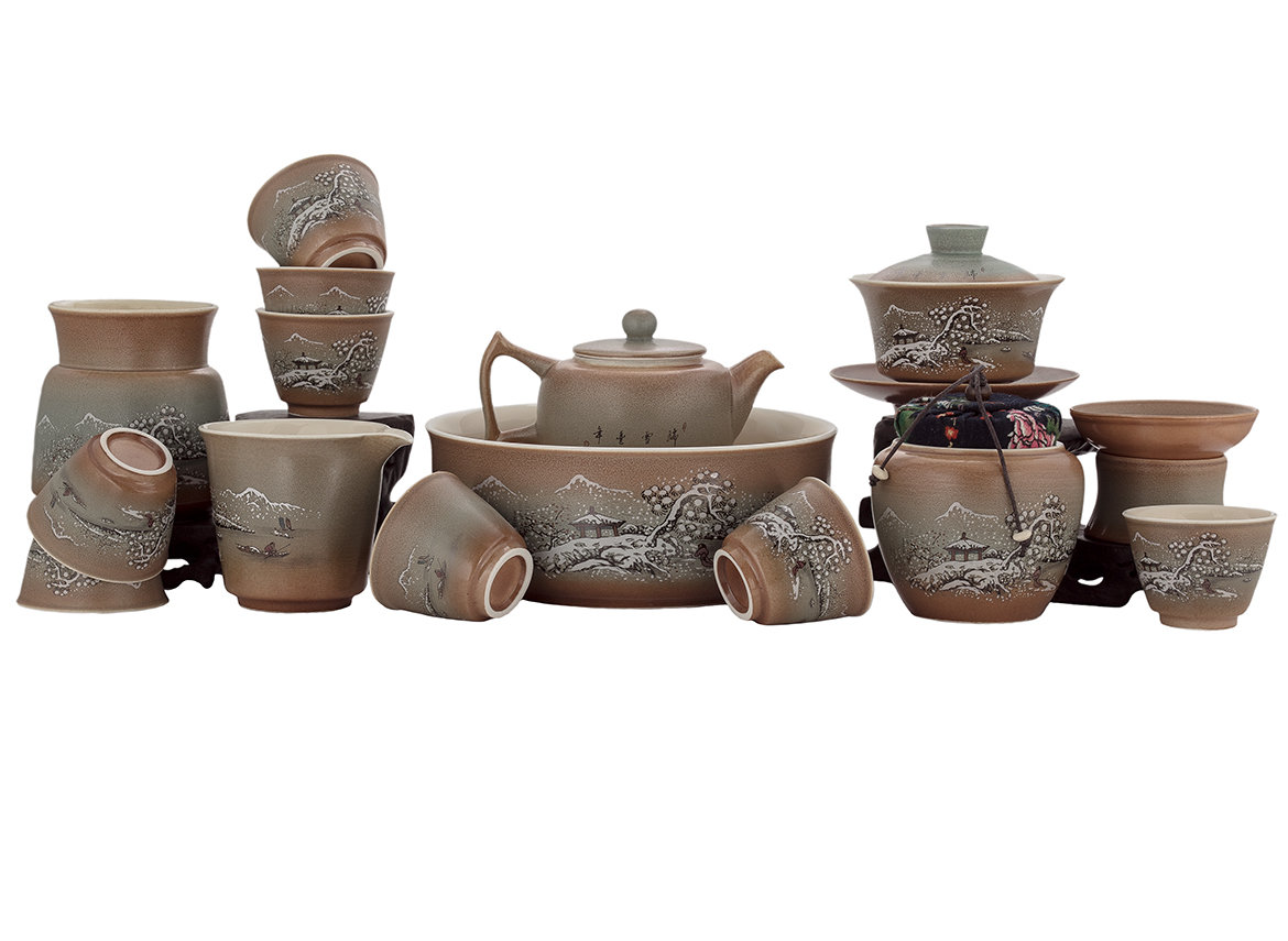 Набор посуды для чайной церемонии из 15 предметов # 41481, фарфор: чайник 210 мл, гайвань 135 мл, гундаобэй 150 мл, сито, 8 пиал по 52 мл, чайница, вазочка, чайный пруд