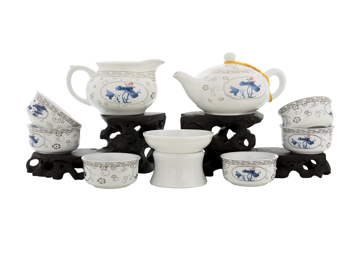 Набор посуды для чайной церемонии из 9 предметов # 41980, фарфор: чайник 200 мл, гундаобэй 200 мл, сито, 6 пиал по 45 мл.