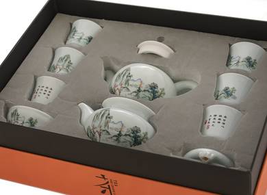 Набор посуды для чайной церемонии из 9 предметов # 41990, фарфор: чайник 220 мл, гундаобэй 200 мл, сито, 6 пиал по 45 мл.