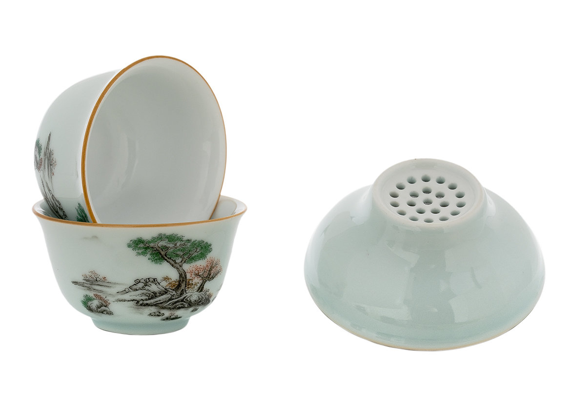 Set for tea ceremony (9 items) # 42017, porcelain: teapot 215 ml, gundaobey 200 ml, teamesh, six cups 56 ml.