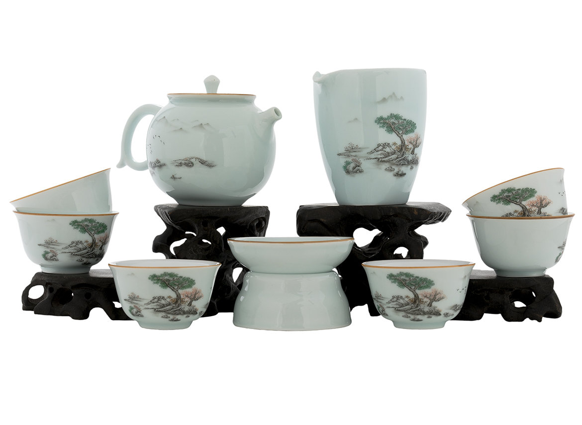 Набор посуды для чайной церемонии из 9 предметов # 42017, фарфор: чайник 215 мл, гундаобэй 200 мл, сито, 6 пиал по 56 мл.