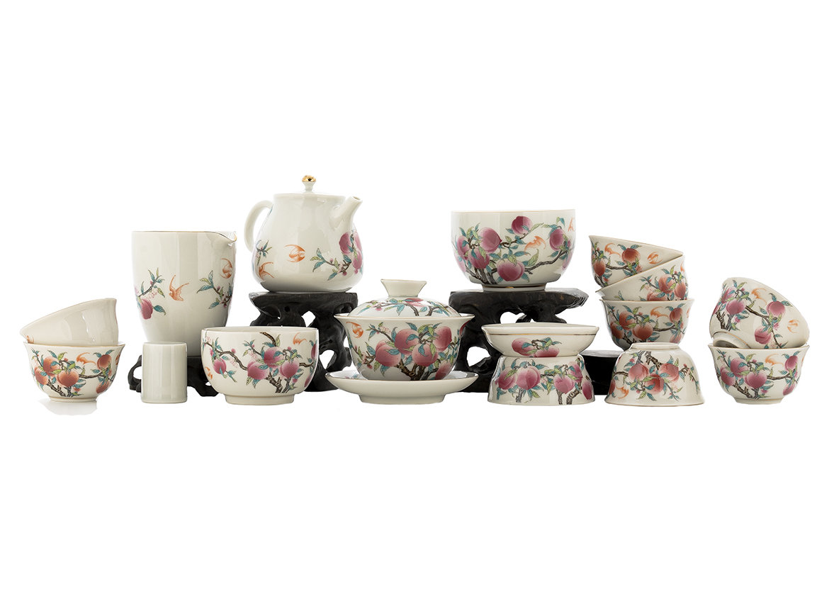Set for tea ceremony (15 items) # 42027, porcelain: teapot 210 ml, gaiwan 148 ml, gundaobey 200 ml, teamesh, eight cups 58 ml, cup 132 ml, cup 220 ml, teapot lid stand
