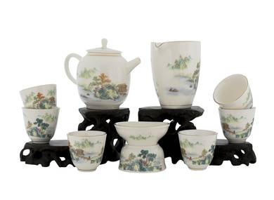 Набор посуды для чайной церемонии из 9 предметов # 42032, фарфор: чайник 220 мл, гундаобэй 200 мл, сито, 6 пиал по 52 мл.