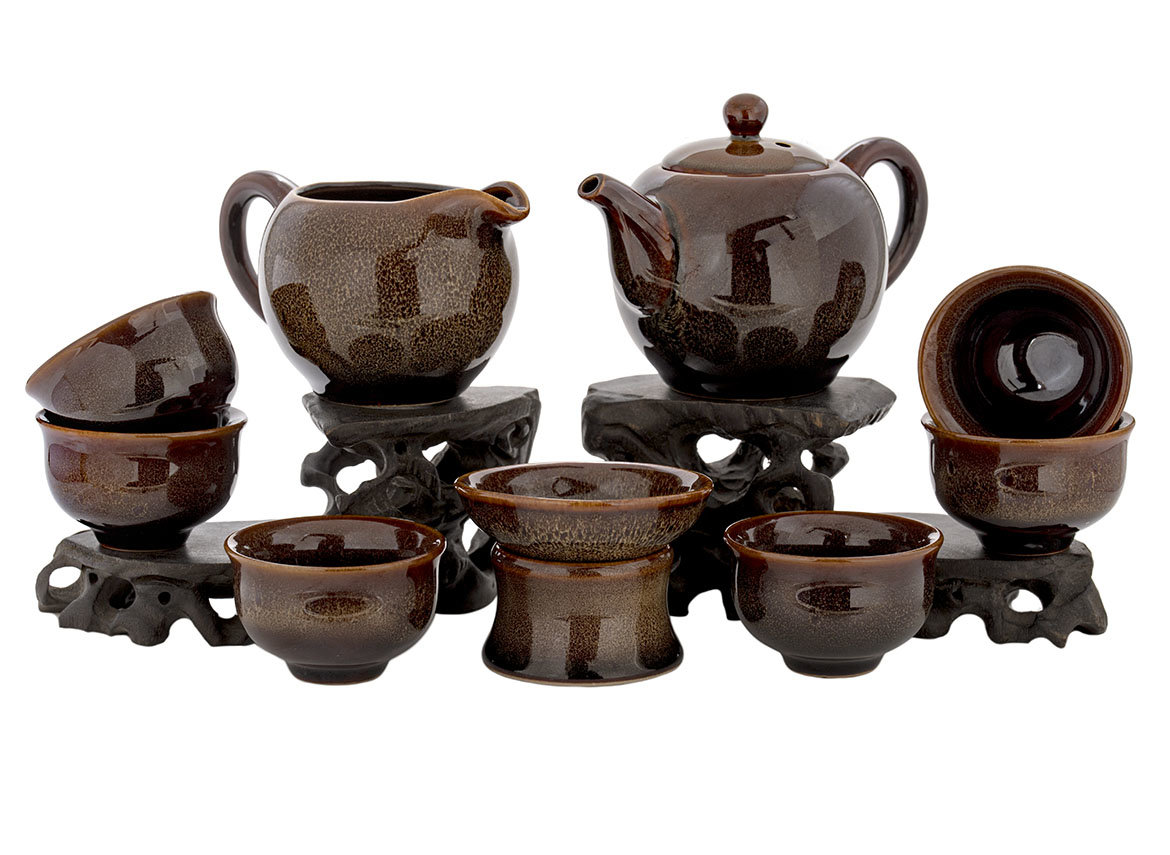 Набор посуды для чайной церемонии из 9 предметов # 42041, фарфор: чайник 225 мл, гундаобэй 210 мл, сито, 6 пиал по 60 мл.