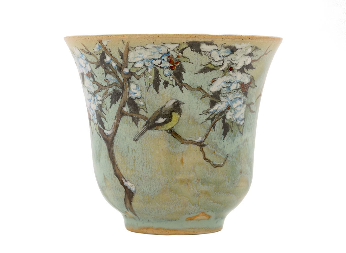 Cup handmade Moychay # 43001, Artistic image 'Titmouse in the winter forest', ceramic/hand painting, 165 ml.