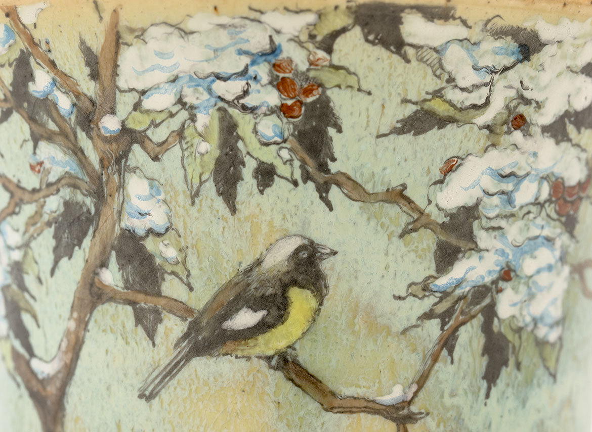 Пиала ручная работа Мойчай # 43001, Художественный образ "Синичка в зимнем лесу", керамика/ручная роспись, 165 мл.