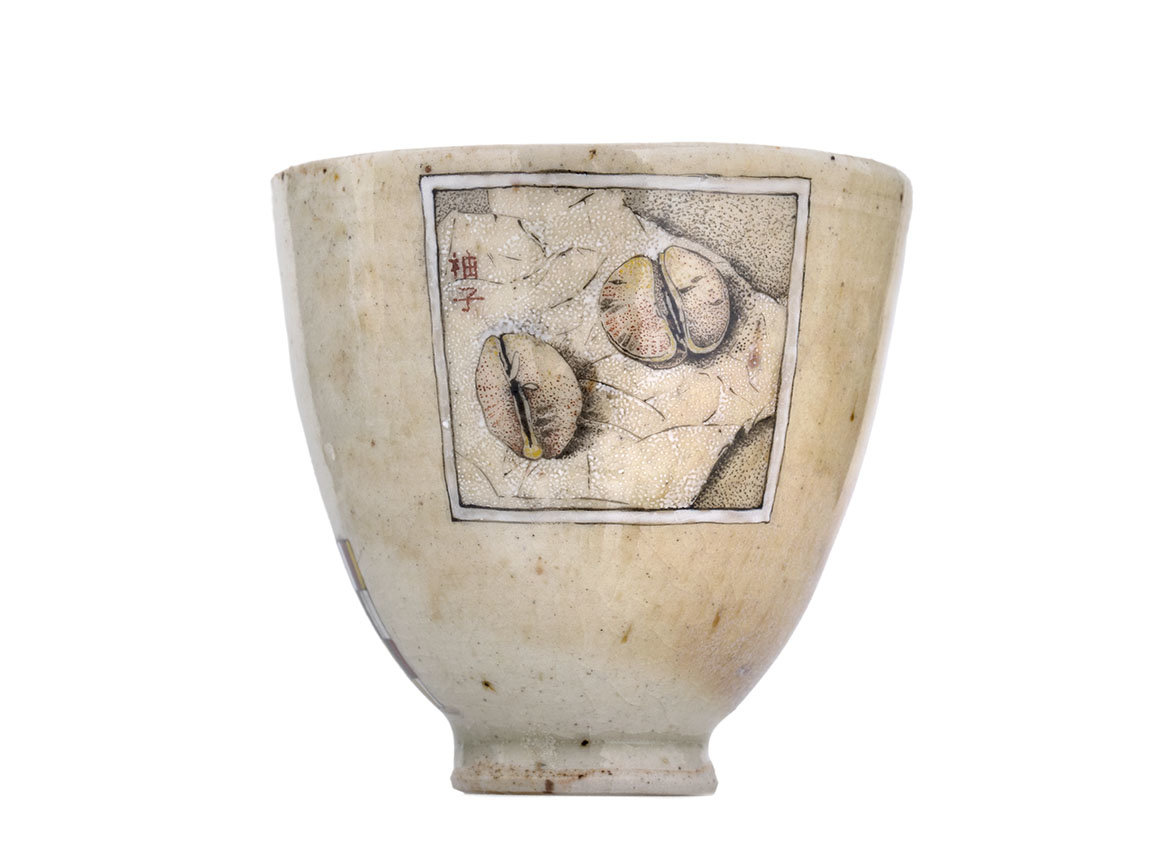 Пиала ручная работа Мойчай "Пикник с грейпфрутами и осьминог" # 45071, дровяной обжиг/керамика/ручная роспись, 105 мл.