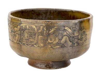 Cup (Tyawan) handmade Moychay 'Mayan calendar in the form of glyphs' # 45141, wood firing/ceramic/hand painting, 225 ml.