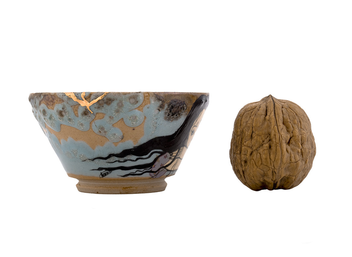 Пиала кинцуги ручная работа Мойчай # 46836, керамика/ручная роспись/дровяной обжиг, 50 мл.