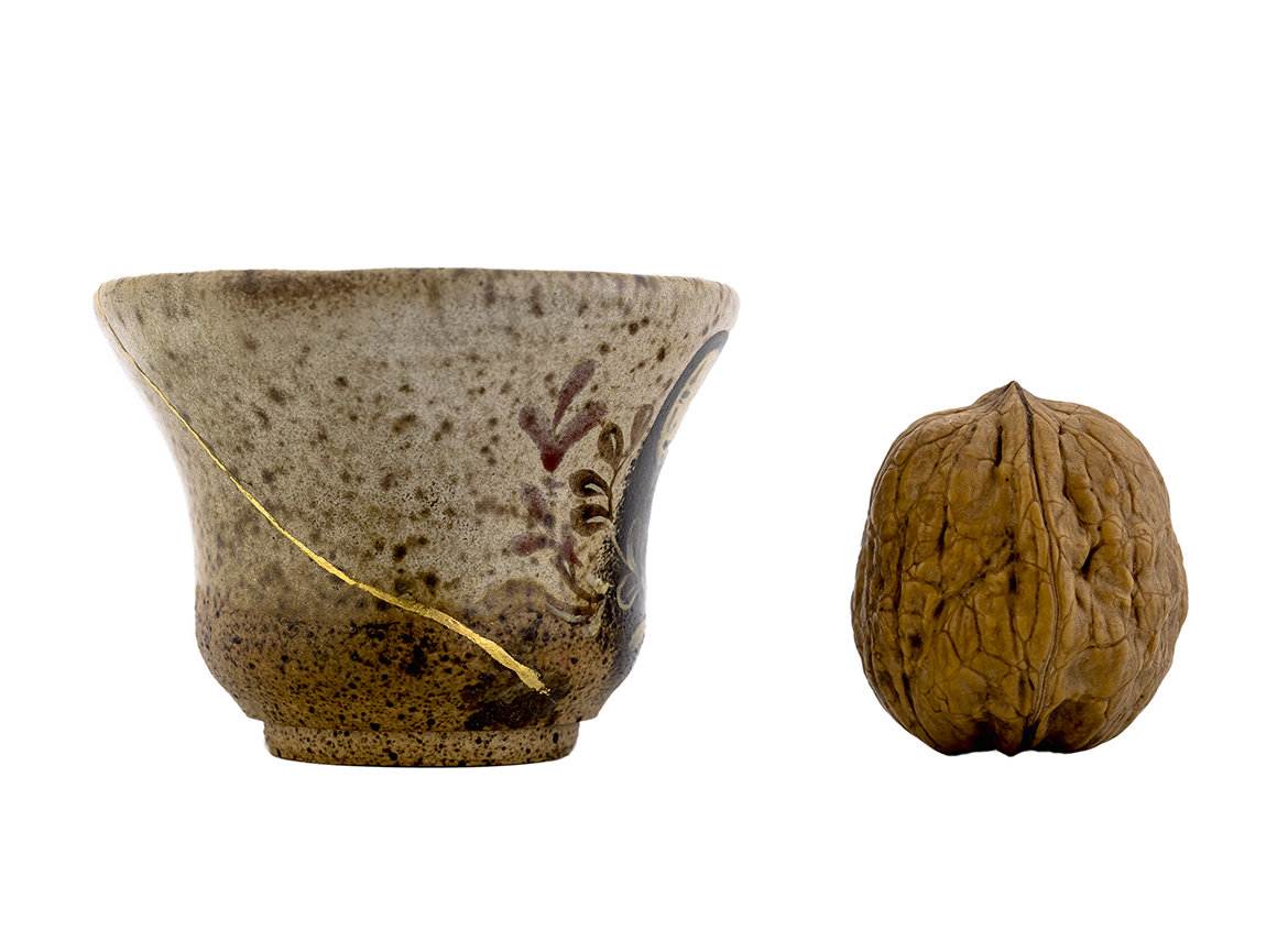 Пиала кинцуги ручная работа Мойчай # 46837, керамика/ручная роспись/дровяной обжиг, 40 мл.