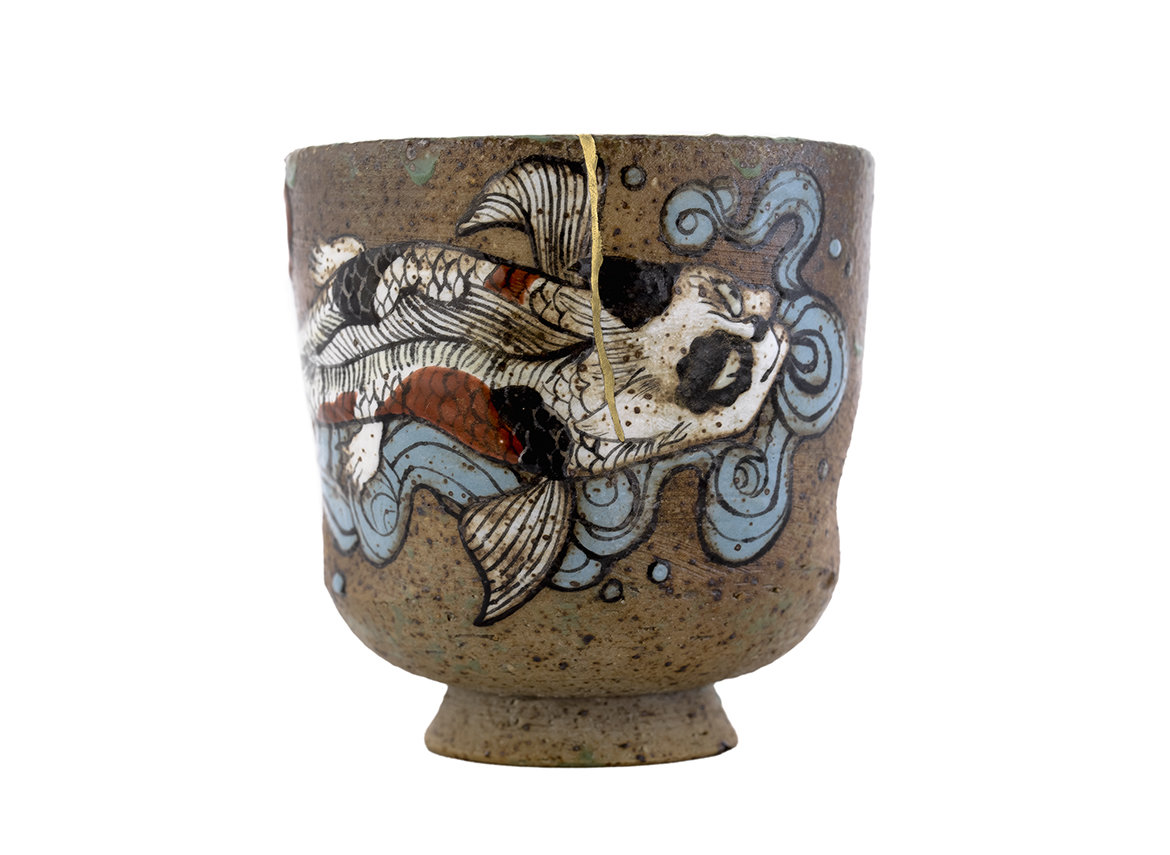 Пиала кинцуги ручная работа Мойчай # 46839, керамика/ручная роспись/дровяной обжиг, 100 мл.