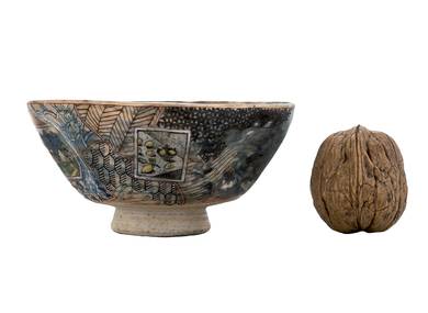 Пиала ручная работа Мойчай, "Ловля рыбы под музыку в стиле Миядзаки и Малых Голландцев" # 47541, дровяной обжиг/керамика/ручная роспись, 93 мл.