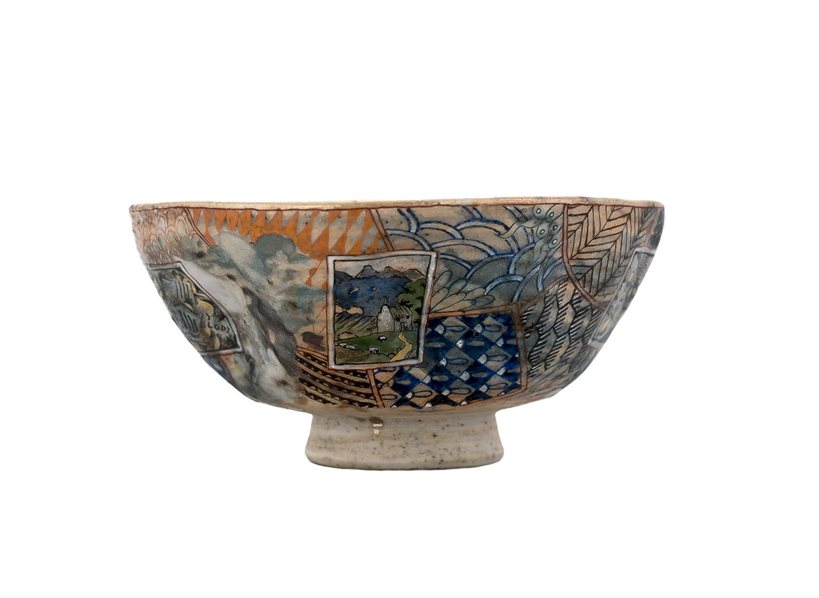 Пиала ручная работа Мойчай, "Ловля рыбы под музыку в стиле Миядзаки и Малых Голландцев" # 47541, дровяной обжиг/керамика/ручная роспись, 93 мл.
