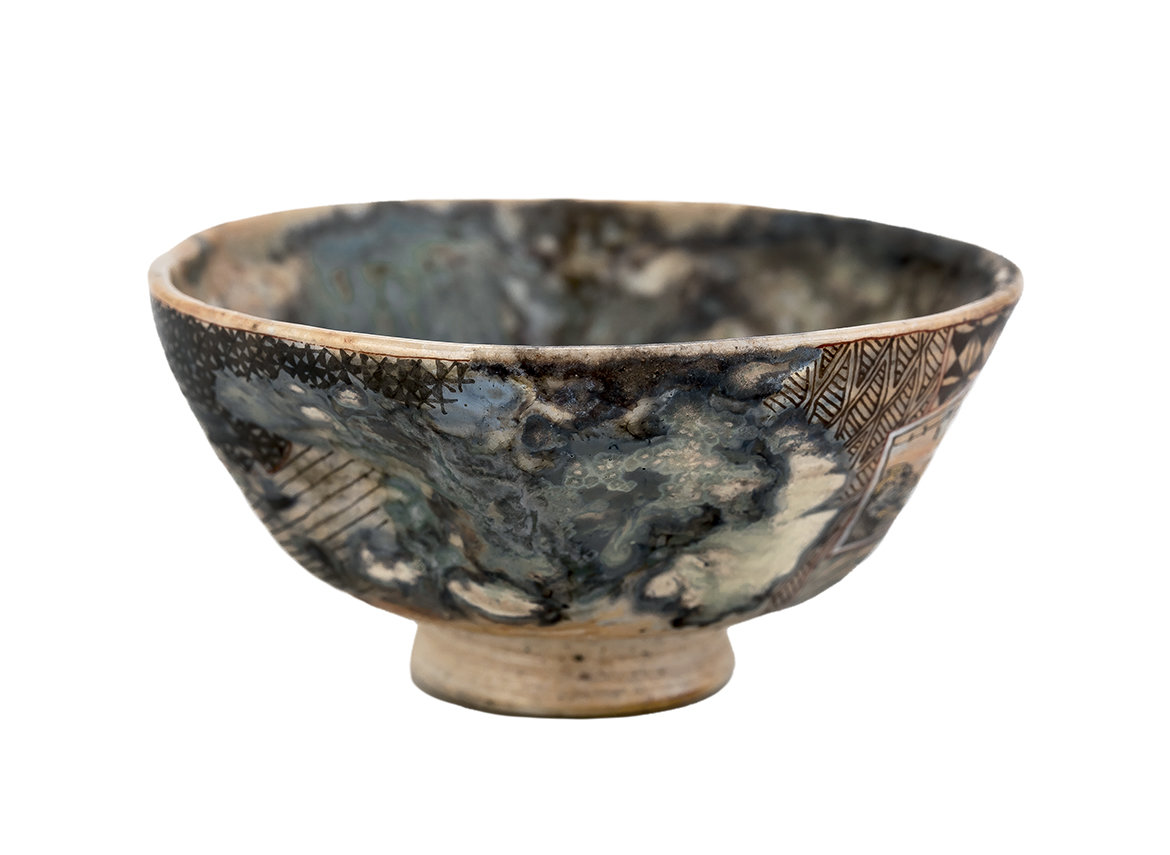 Пиала ручная работа Мойчай, "Ловля рыбы под музыку в стиле Миядзаки и Малых Голландцев" # 47541, дровяной обжиг/керамика/ручная роспись, 93 мл.