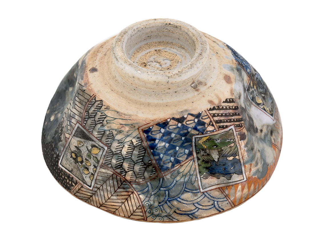 Пиала ручная работа Мойчай, "Ловля рыбы под музыку в стиле Миядзаки и Малых Голландцев" # 47541, дровяной обжиг/керамика/ручная роспись, 93 мл.