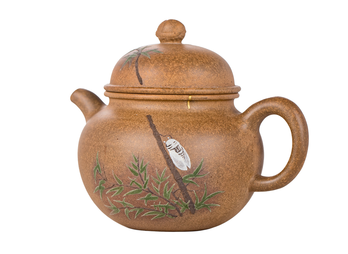 Чайник # 51866, исинская глина, глина дуань ни, ручная роспись, дровяной обжиг, кинцуги, 135 мл.
