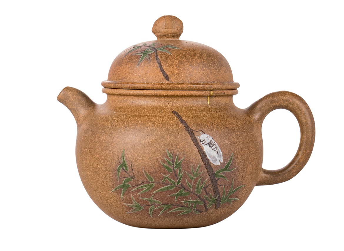Чайник # 51866, исинская глина, глина дуань ни, ручная роспись, дровяной обжиг, кинцуги, 135 мл.