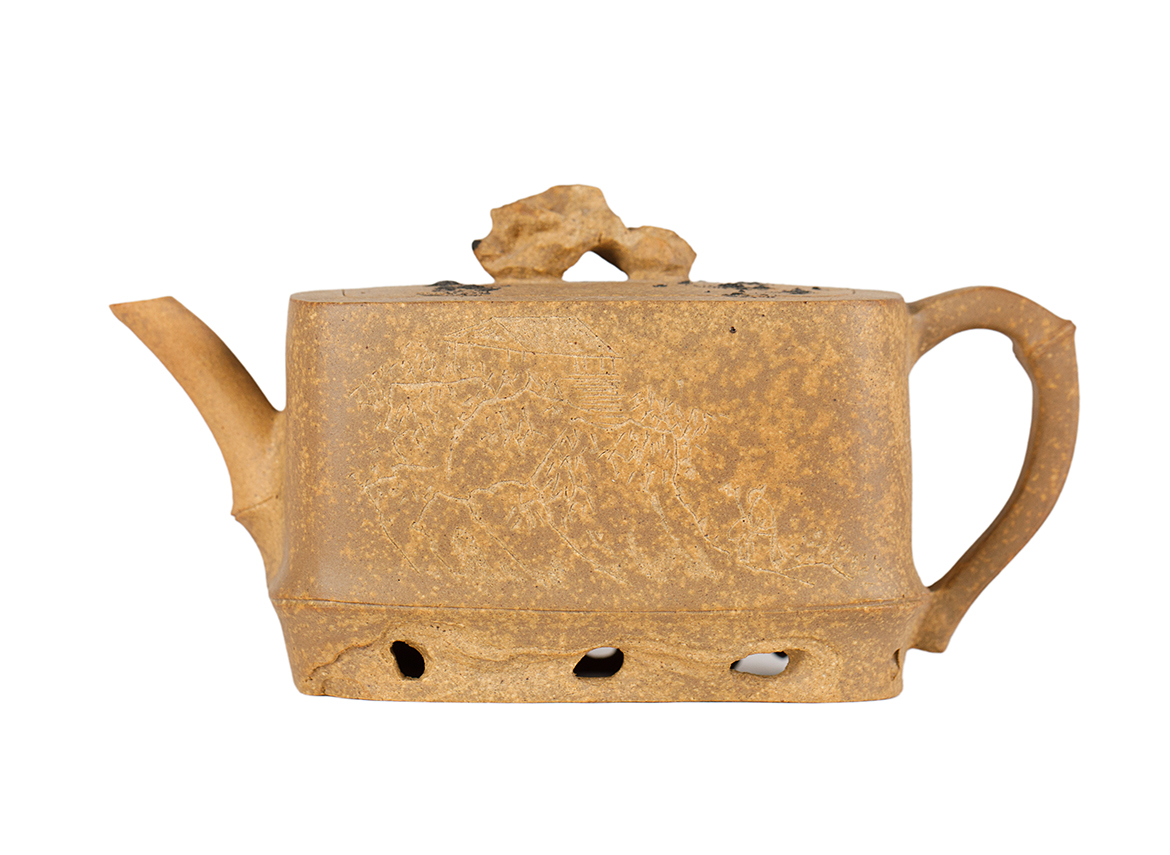 Чайник # 51881, исинская глина, ручная гравировка, дровяной обжиг, черная глазурь яобянь, 225 мл.