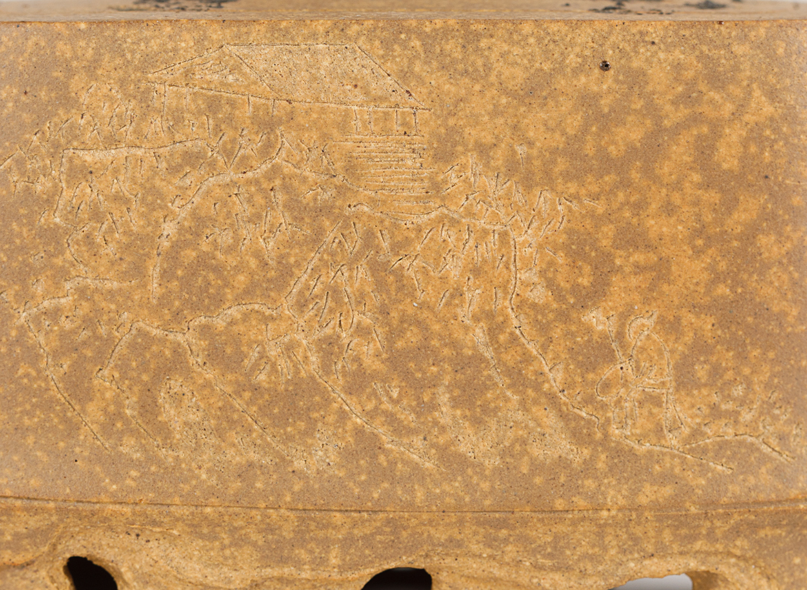 Чайник # 51881, исинская глина, ручная гравировка, дровяной обжиг, черная глазурь яобянь, 225 мл.