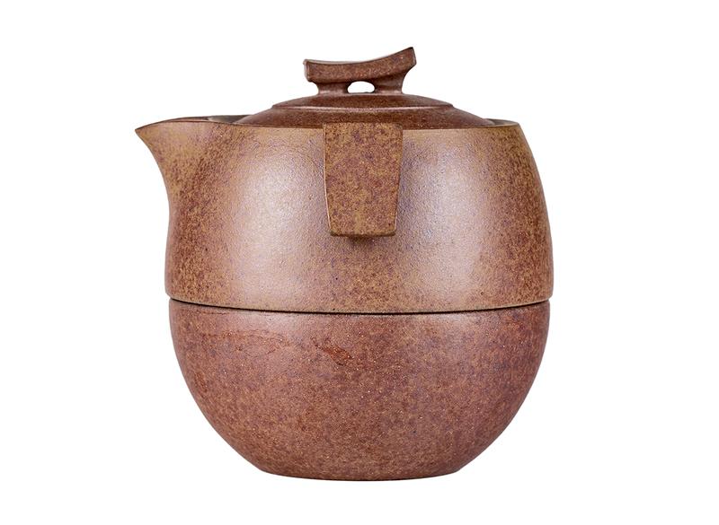 Чайник и пиала, походный набор # 52217, дровяной обжиг/исинская глина, ручная работа, 150 мл.