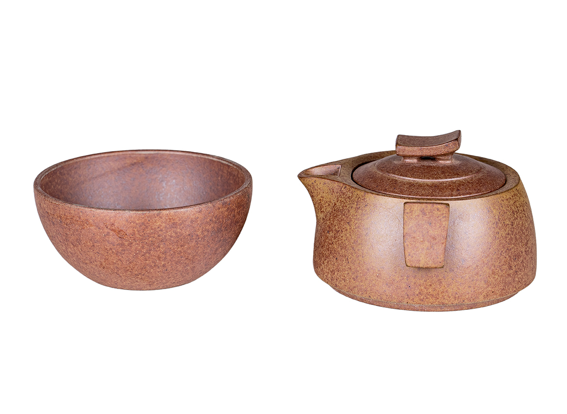Чайник и пиала, походный набор # 52217, дровяной обжиг/исинская глина, ручная работа, 150 мл.