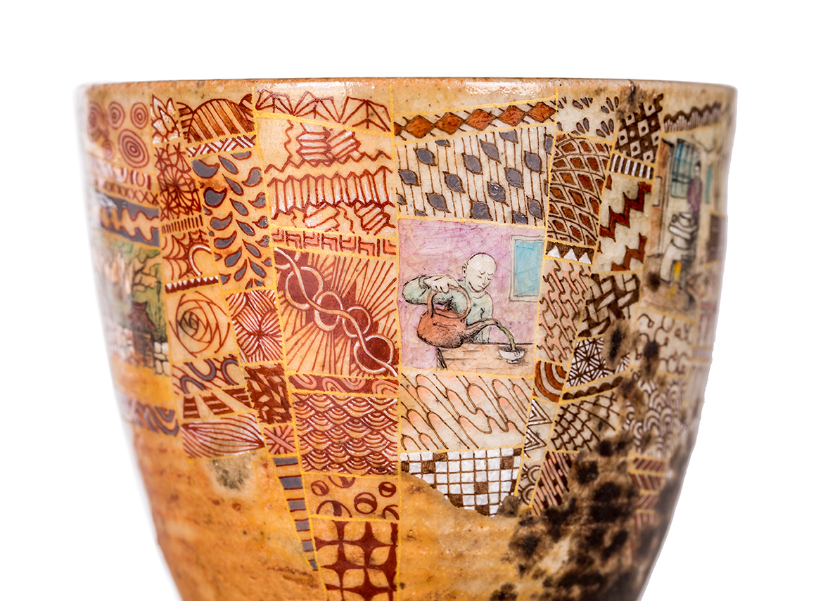 Пиала ручная работа Мойчай # 52731, дровяной обжиг/керамика/ручная роспись, "Дерево, поросшее орнаментами", 264 мл.