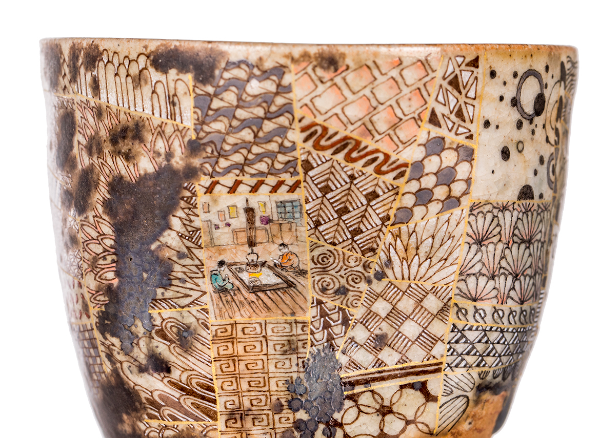 Пиала ручная работа Мойчай # 52731, дровяной обжиг/керамика/ручная роспись, "Дерево, поросшее орнаментами", 264 мл.